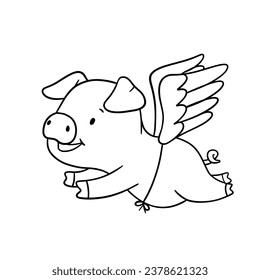 Cute outline piglet character with wings. Hand drawn illustration isolated on white background. Funny Farm animal for coloring book