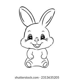 Cute outline rabbit, bunny for coloring. Rabbit Bunny Cartoon Outline Coloring Book or page for kids. Happy Easter in doodle style. Illustration Vector.