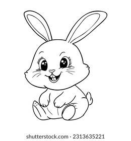 Cute outline rabbit, bunny for coloring. Rabbit Bunny Cartoon Outline Coloring Book or page for kids. Happy Easter in doodle style. Illustration Vector.