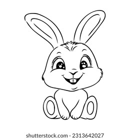 Cute outline rabbit, bunny for coloring. Rabbit Bunny Cartoon Outline Coloring Book or page for kids. Happy Easter in doodle style. Illustration Vector.