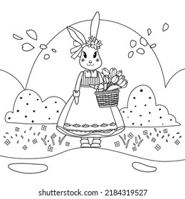 Cute outline rabbit holding tulip bouquet. The year of the rabbit, bunny symbol of 2023. Bunny character black line art illustration