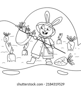 Cute outline rabbit vector in coat with carrots. Bunny character black line art illustration. The year of the rabbit, symbol of 2023