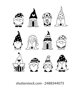 Cute outline scandinavian gnomes. Cartoon christmas gnomes for coloring page. Line art vector gnomes