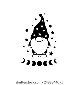 Cute outline scandinavian gnomes. Cartoon christmas gnomes for coloring page with moon and stars