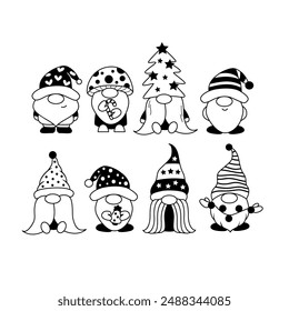 Cute outline scandinavian gnomes. Cartoon christmas gnomes for coloring page. Line art vector gnomes