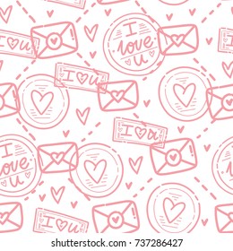 Cute outline seamless love pattern with letters, envelopes, hearts and post stamp imprints in pink color in hand drawn style. I love you. Backdrop texture design for web, print and textile