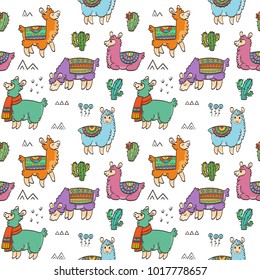 Cute outline seamless pattern with llamas. Ink vector illustration. For children and coloring books. Furry animals collection