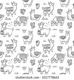 Cute outline seamless pattern with llamas. Ink vector illustration. For children and coloring books. Furry animals collection