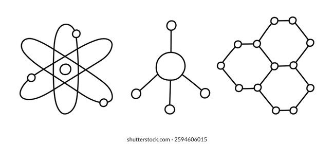 Cute outline set with chemistry molecule and atom structure. Hand drawn chemical formula as sign of science, medicine, technology, biology. Scientific molecular model clipart isolated on background.