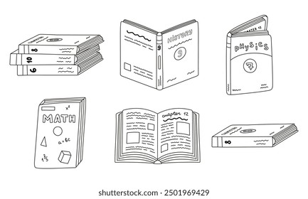 Cute outline set with school textbook for different subjects. Kids academic book, literature, encyclopedia. Back to school supply for study, reading, learning. Hand drawn isolated vector doodle