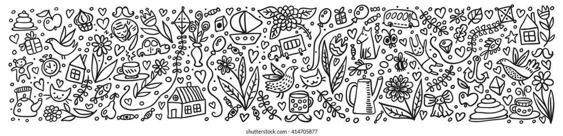 Cute outline site header with nice things. Joyful bright vector top banner.
