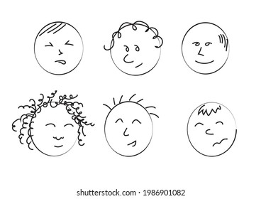 Cute outline six people faces different emotions.