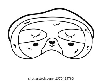 Cute outline sleeping mask in the shape of sloth head. Funny childish animal eye mask with fatigue sloth. Hand drawn doodle bedtime wear for peace dreaming isolated on white background.