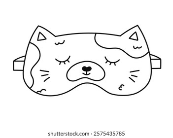 Cute outline sleeping mask in the shape of cat head. Funny childish animal eye mask with tired kitten. Hand drawn doodle bedtime accessory for comfort dreaming isolated on white background.