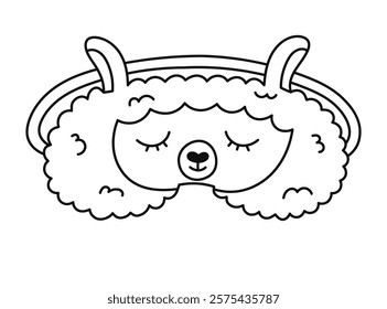 Cute outline sleeping mask in the shape of llama head. Funny childish animal eye mask. Hand drawn bedtime accessory for comfortable relaxation. Black and white doodle isolated on white background.