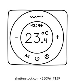 Termostato inteligente delineado bonito para regulação de temperatura via smartphone. Sistema de aquecimento eletrônico de inteligência manual com indicadores. Internet das coisas radiador isolado no fundo branco.