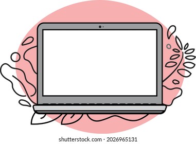 Cute outline style Laptop template Illustration with doodle ornaments and pink backdrop accent
