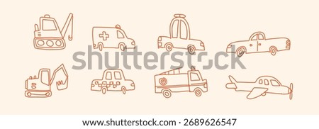 Cute outline transport set in childish doodle style. Red contour line drawing of various vehicles including police car, taxi, excavator, airplane and ambulance