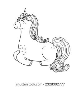 Cute outline unicorn lies on its knees in black and white. Magic black and white horse character print. Sweet dreams vector illustration