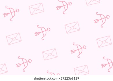 Cute outline Valentine pattern with cupid bow, arrows, and love letters on light pink background. Great for playful greeting cards, feminine packaging, and love-themed crafts.