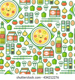 Cute outline vector seamless pattern with omelet, olive oil, eggs, milk, salt, onion, mushrooms, tomato, bell pepper and hearts. Funny simple colorful background. Summer recipe for healthy breakfast.