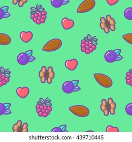 Cute outline vector seamless summer pattern with hurts, nuts and berries. Outline icons.