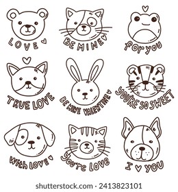 cute outline vector set with funny animals. Set with hand drawn animals, cats and dogs with text
