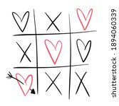 Cute outline vector tic tac toe with black crossings and pink hearts. Love game for greeting St Valentine day card design, banner