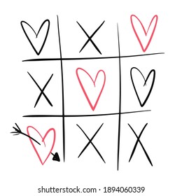 Cute outline vector tic tac toe with black crossings and pink hearts. Love game for greeting St Valentine day card design, banner