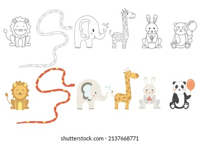 Cute outline wild animals. Cartoon clipart for kids coloring book, t-shirt print, icon, sticker. Vector illustration.
