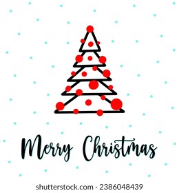 Cute outline xmas tree greeting card with Merry Christmas lettering. Outline xmas tree with red garlands, snowfall on background Doodle thin line xmas tree in minimalist style Geometric outline fir