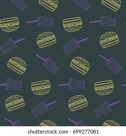 Cute outline yellow hamburgers and violet plastic cola caps seamless pattern on dark background. Nice american fast food pattern for textile, cafe menu, wrapping paper, covers, banners, wallpaper