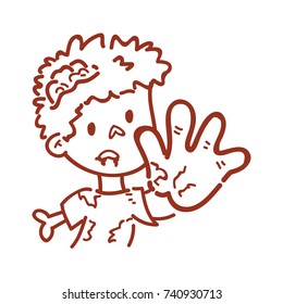 Cute outline Zombie character with hand: trying to touch or stop emotion. Set of vector hand drawn style, cute doodle cartoon illustration for web, stickers, emoji, emoticons