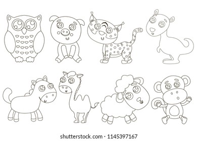 Cute outlined animals for coloring. Vector illustration.