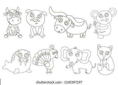 Cute outlined animals for coloring. Vector illustration.