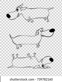 Cute outlined black dachshund dogs in cartoon style isolated on a transparent background. Unique vector illustration. Funny characters.