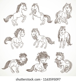 Cute outlined cartoon horses in wreaths set isolated on white background