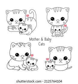 Cute outlined Cat and baby coloring vector illustration.