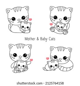 Cute outlined Cat and baby coloring vector illustration.