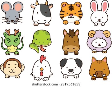 Cute outlined Chinese Zodiac Animals with front paws