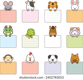 Cute outlined Chinese Zodiac Animals with front paws holding a memo