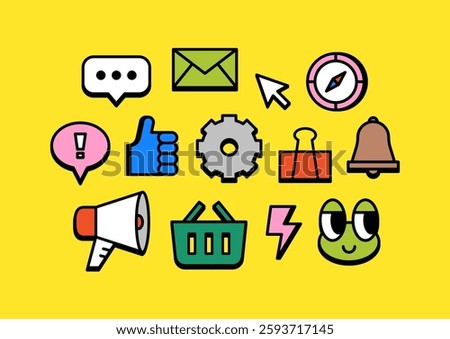 Cute outlined decorative graphic illustration stickers set.