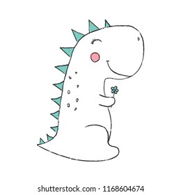 Cute outlined dino with small flower. Vector illustration.
