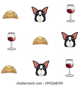 Cute outlined French Bulldog, red wine and French bakery in Cartoon style, France mascots on white isolated background for prints, stickers, patterns and backdrops, postcards, icons for social media.