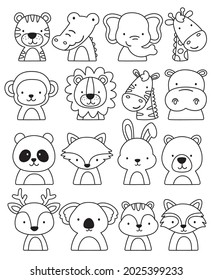 Cute outlined jungle and woodland animal faces coloring vector illustration.
