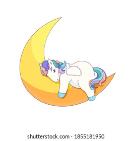 Cute outlined Pegasus sleeping on the Moon in Cartoon style, vector illustration on white isolated background for prints, stickers, elements of design, icons, patterns in in Children’s goods field.