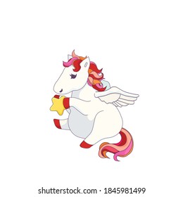 Cute outlined Pegasus and a star on white isolated background, vector Pegasus, isolated cartoon Pegasus  for prints, stickers, patterns, elements of design, icons or emblems in Children’s goods fie