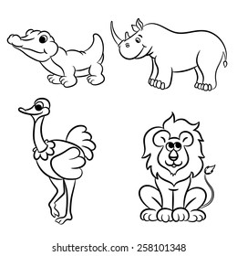 Cute outlined zoo animals collection. Vector illustration.