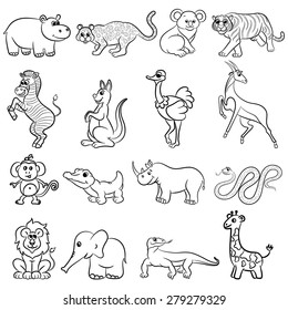 Cute outlined zoo animals collection. Vector illustration.