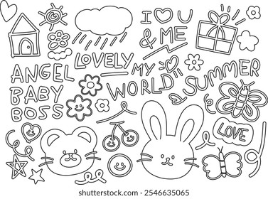 Cute outlines of bunny, teddy bear, cherry, butterfly, gift box, home for kid colouring book, art, painting, sketch, cartoon character, font, women empowerment, sticker, cute patches, easter, animals